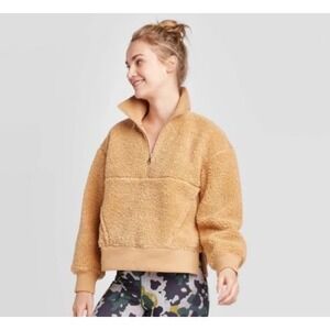 JoyLab Tan Sherpa Fleece Quarter Zip Pullover Sweatshirt XL Mock Neck Camel